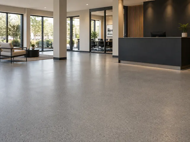 Design illustration of a grey resin floor in a small commercial showroom