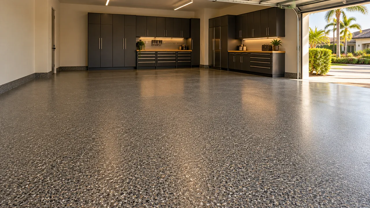 Design illustration of a charcoal flake garage floor with fitted cabinets and warm Florida daylight