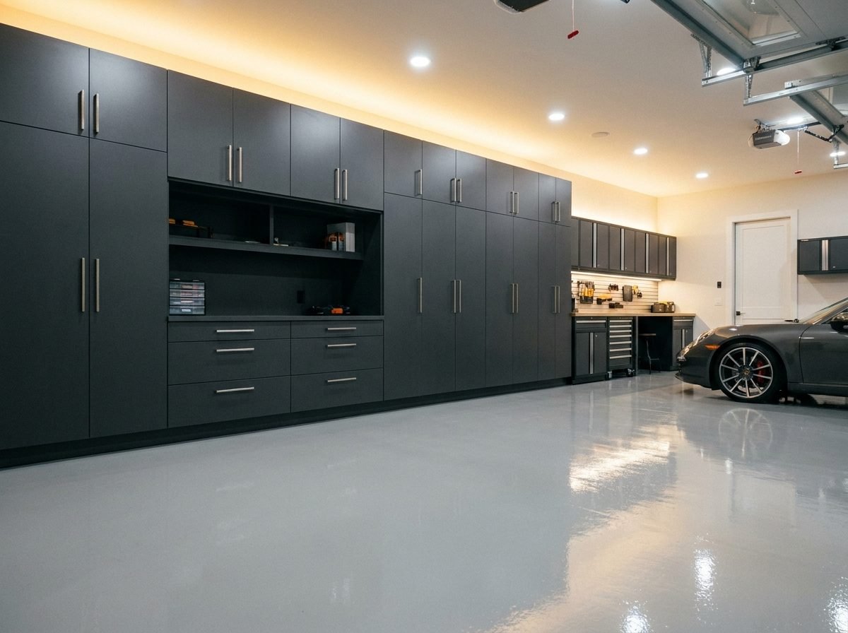 Custom matte gray garage storage cabinets along a garage wall